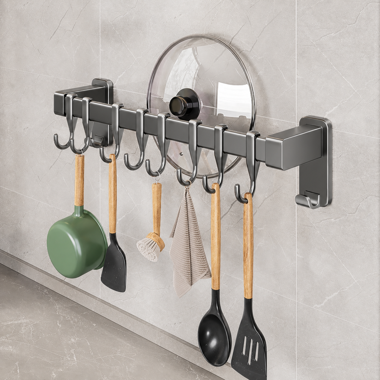 Gunmetal Gray 40cm Iron Kitchen Wall Rack with 8 Hooks – No-Drill Utensil & Lid Organizer