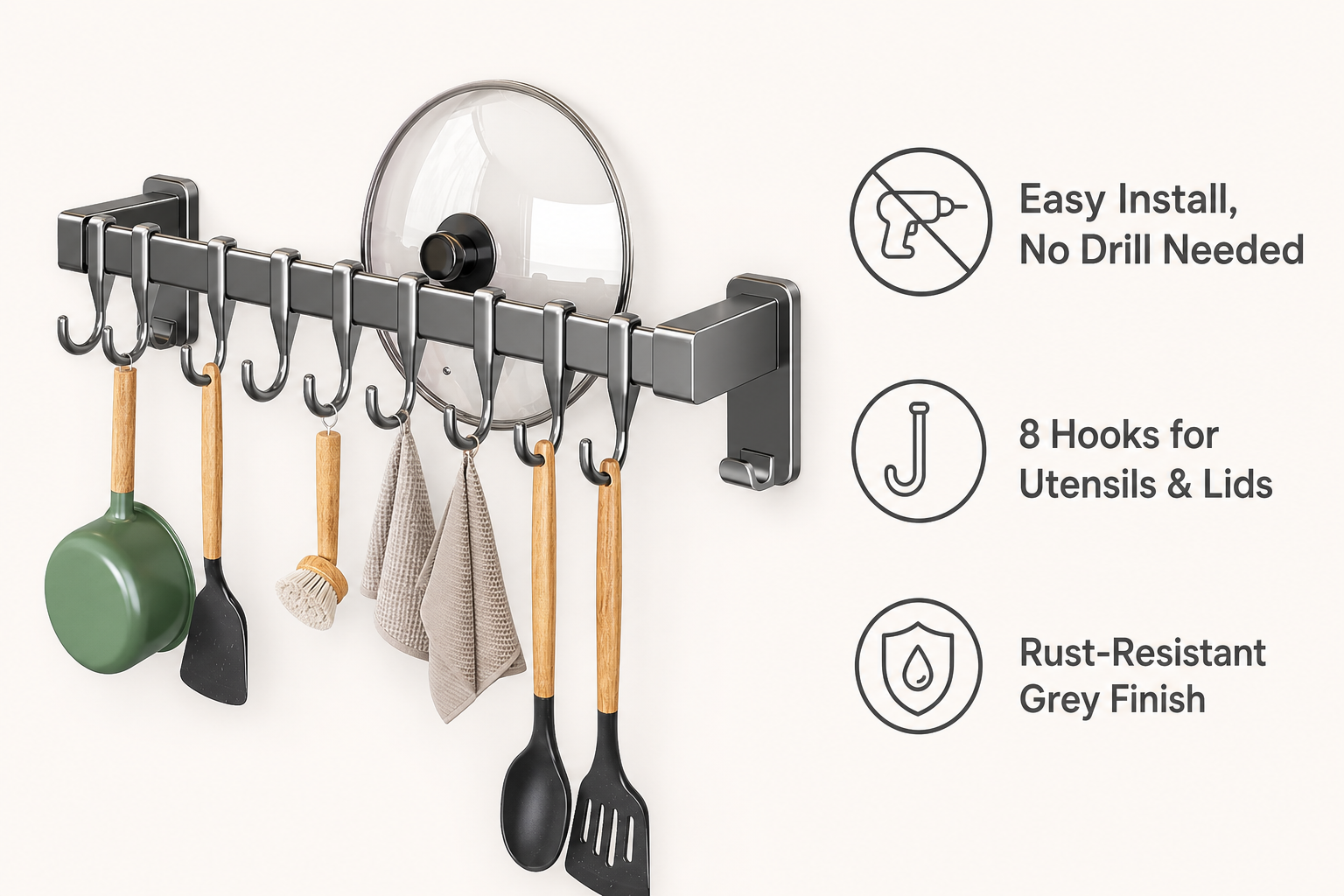 Kitchen Wall Pot Rack, 40cm 8-Hooks Grey, No Drill Adhesive Mount for Utensils and Lids