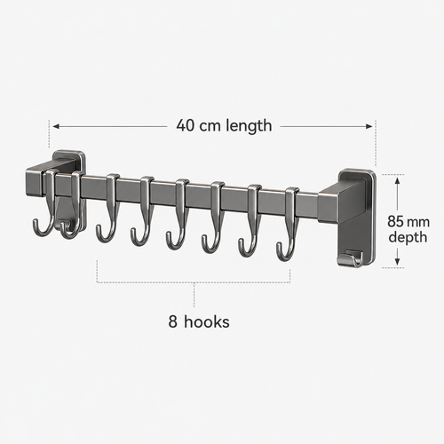 Gunmetal Gray 40cm Iron Kitchen Wall Rack with 8 Hooks – No-Drill Utensil & Lid Organizer