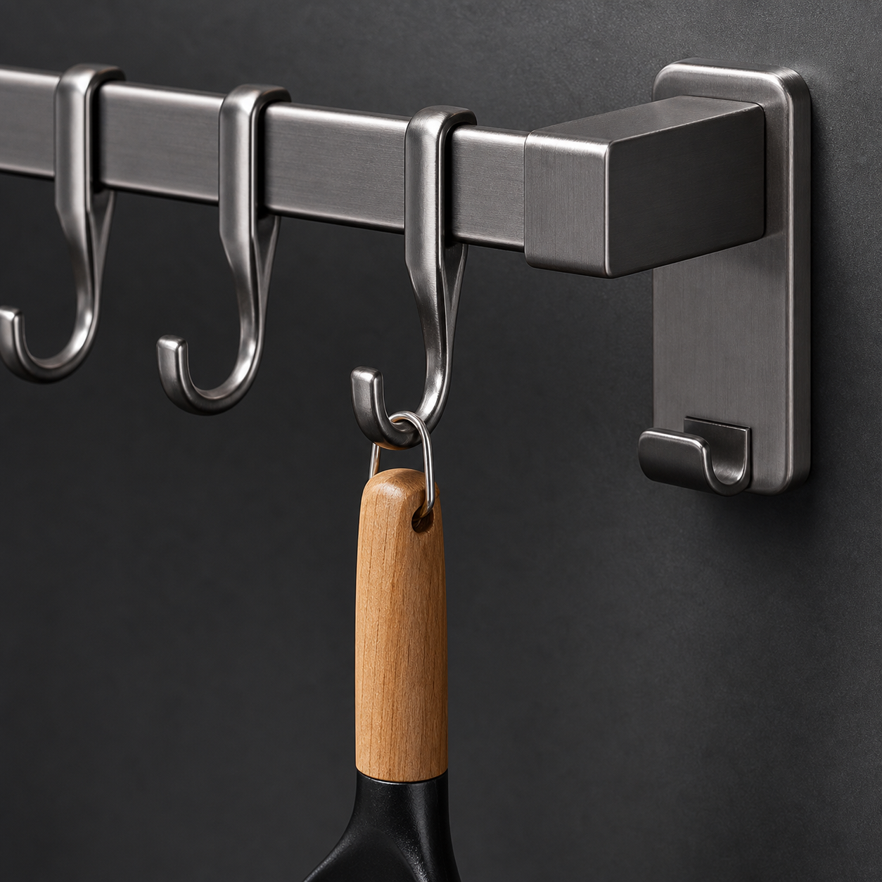 Kitchen Wall Pot Rack, 40cm 8-Hooks Grey, No Drill Adhesive Mount for Utensils and Lids