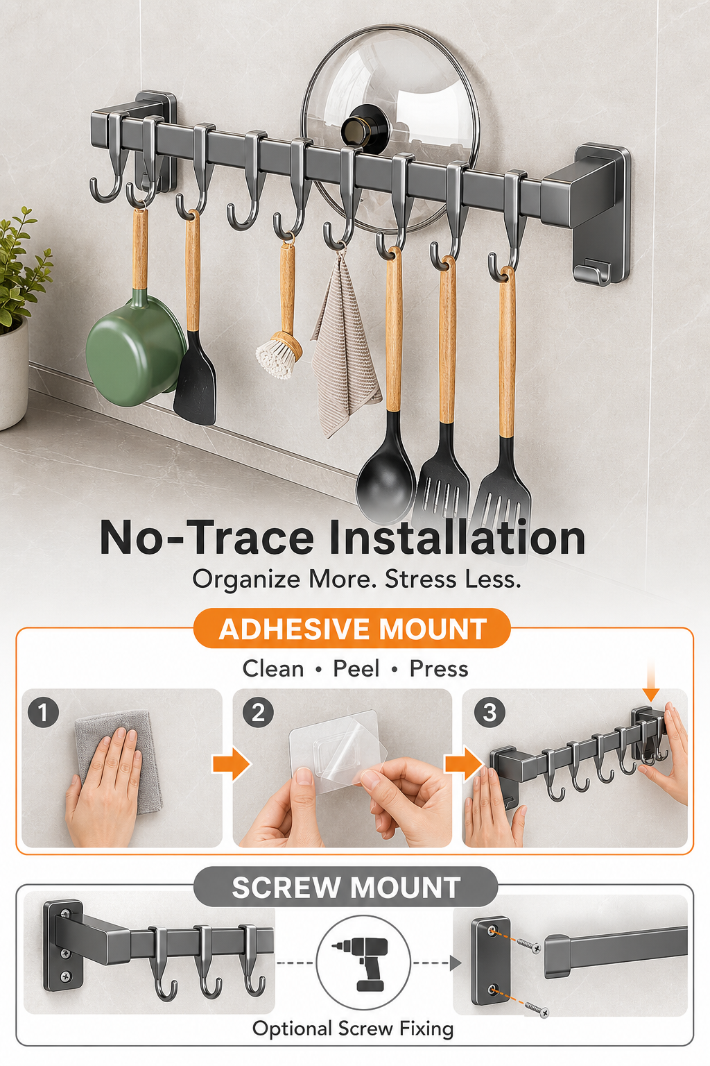 Kitchen Wall Pot Rack, 40cm 8-Hooks Grey, No Drill Adhesive Mount for Utensils and Lids