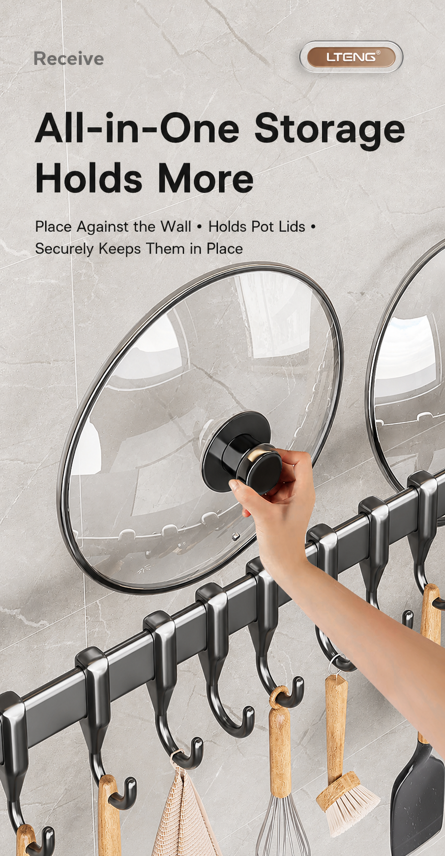 Gunmetal Gray 40cm Iron Kitchen Wall Rack with 8 Hooks – No-Drill Utensil & Lid Organizer